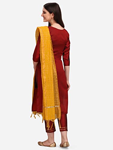 Image of VredeVogel Cotton Silk Blend Straight Embroidery Kurta Pant and Dupatta Set for Women