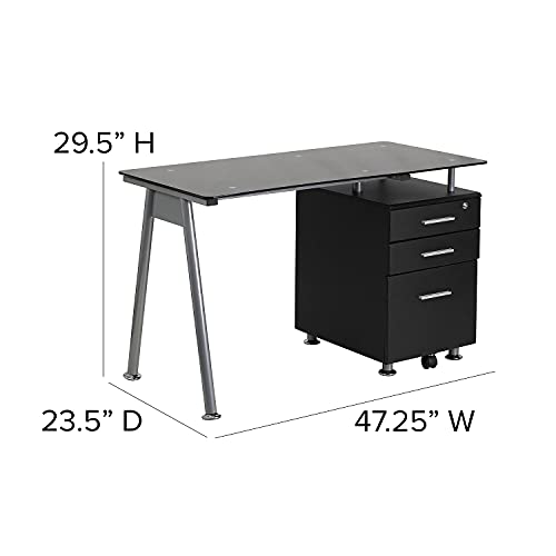 Flash Furniture Black Glass Computer Desk With Three Drawer Pedestal #TOP2