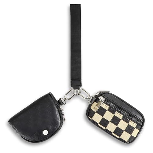 Image of Checkered Dual Pouch Keychain Wallet for Women,Small Mini Zip Leather Coin Purse with Wrist Strap,wristlet hangbags,Black