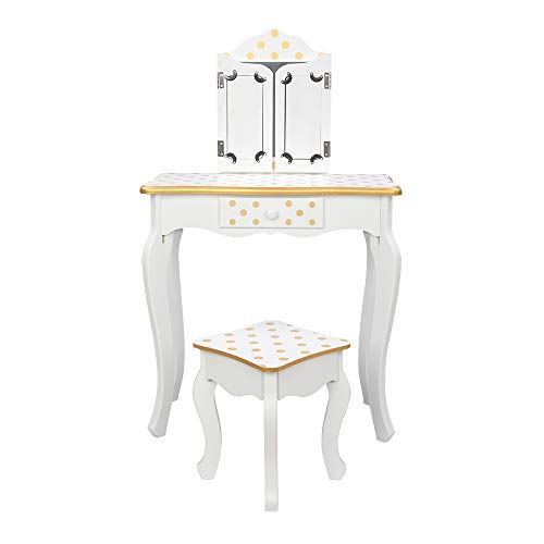 Image of Vanity Set,ShyneeMakeup Dressing Vanity Set Wooden Princess Makeup Table with Cushioned Stool,Drawer,Wooden Legs and Mirror, Make Up Dressing Play Set for Girls (Yellow dots)