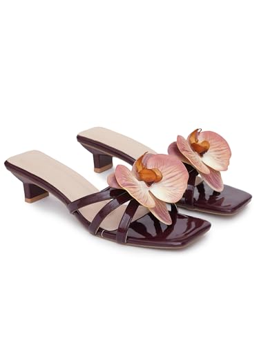 Image of TRYME Floral Embellished Slip-On Kitten Heel Sandals for Women & Girls|Comfortable Light Weight Open Toe Sandals