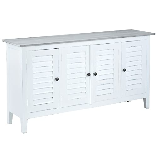 Sunset-Trading-Cottage-59-Shutter-Door-Credenza-Distressed-White-Solid-Mahogany-Wood-Fully-Assembled-Sideboard-WhitewashStonewall-Gray Sunset Trading Cottage 59 Shutter Door Credenza Distressed White Solid Mahogany Wood Fully Assembled Sideboard WhitewashStonewall Gray