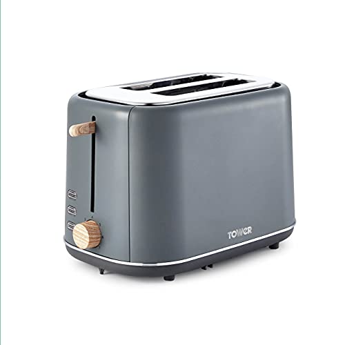 Tower Scandi T20027G 2 Slice Toaster with Adjustable Browning Control, Grey with Wood Accents