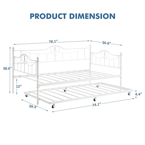 Refined Twin Daybed with Trundle for Living Room and Guest Room (White)