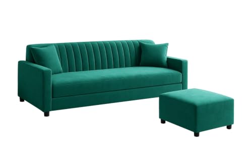 Image of 3-Seater Wooden Sofa Set with Ottoman, Soft Velvet Fabric, Comfortable Couch for Living Room, Office & Apartment - Green Color