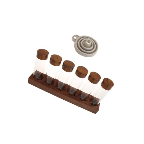 Leefasy コーヒー豆保存チューブ ガラス小瓶 ウォールナット木製ディスプレイスタンド キッチンキャニスター コーヒーセラーチューブ カフェパントリー小売用, 6 ショートボトル, 6穴ベース