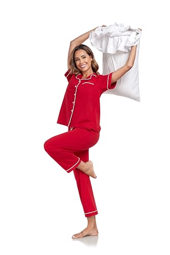 Image of COLORFULLEAF Women's 100% Cotton Pajamas Set Button Down Sleepwear Short Sleeve Shirt and Long Pants Soft Ladies Lounge Sets