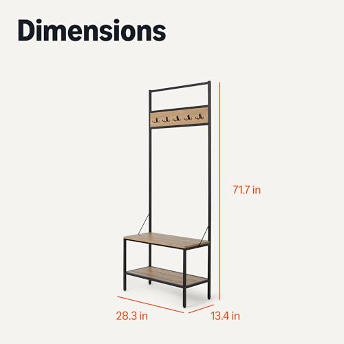 Image of Amazon Basics Entry Bench with Hooks, Hall Tree with Shoe Storage, Steel Frame, Oak Finish