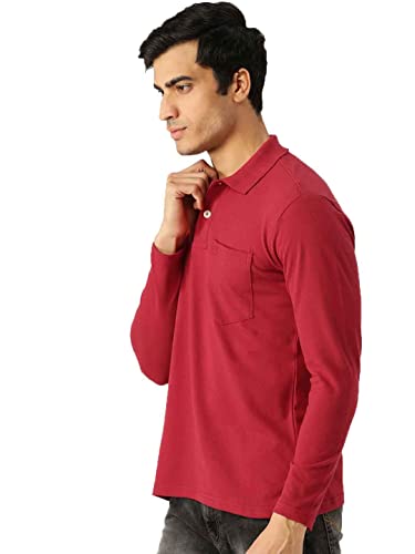 Image of CHKOKKO Cotton Polo Neck Full Sleeves Plain T Shirt for Men with Pocket Red L