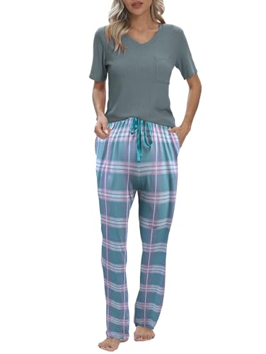 Famulily Checked Pyjamas Womens 2 Piece Lounge Set Short Sleeve Comfy Matching Sets Ribbed Knit Casul Outfits Green XL