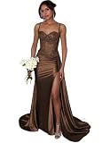 Spaghetti Straps Prom Dresses with Train Satin Mermaid Lace Applique Corset Long Formal Evening Party Gown with Slit for Women Brown 14