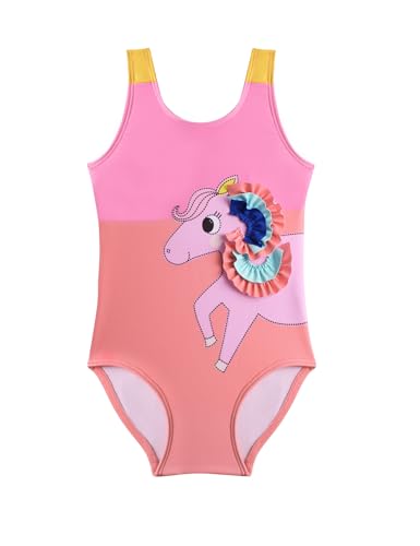 Cadocado Sun Protection Girls One Piece Bathing Suit Rash Guard Little Girl's Swimsuit Lovely Full Coverage Quick Dry Modest Swimwear for Baby Girls,5-6Y,Pink