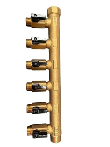 Collecteur laiton 6 départs avec mini-vannes 1/4 de tour, entrée femelle 20/27, sortie mâle 20/27, idéal pour installations sanitaires et chauffage