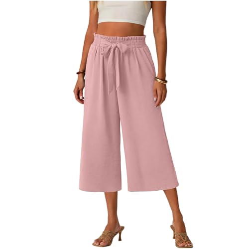 Gaucho Pants for Women, Wide Leg High Waisted Cotton Women's Palazzo Capri Pants with Pockets and Drawstring, Lightweight Breathbale Casual Summer Womens Culottes Pink XL