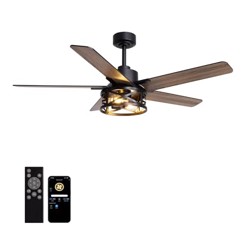 Image of 52 Inch Ceiling Fans with Lights and Remote Control, Low Profile Farmhouse Ceiling Fan for Bedroom Living Room and Patio, Black Caged Ceiling Fan for Indoor and Outdoor(NO BULBS)