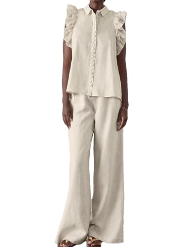 Ensemble 2 pièces ample en coton beige femme avec pantalon large taille haute et débardeur été