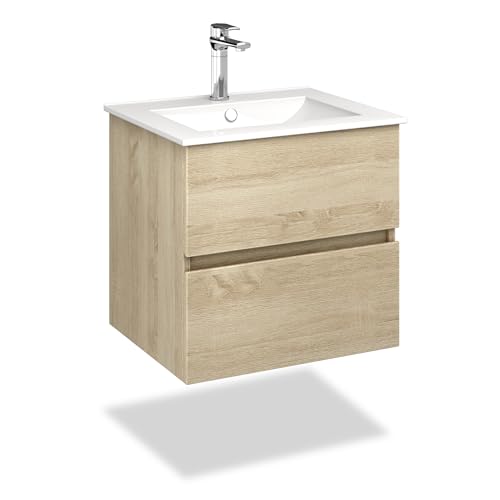 VILSTEIN Waschbecken mit Unterschrank – Set 60 cm in Hellbraun – Waschbeckenunterschrank [Soft-Close SCHUBLADEN] & Keramik-Waschbecken – Modernes Badezimmermöbel aus feuchtigkeitsbeständigem Material