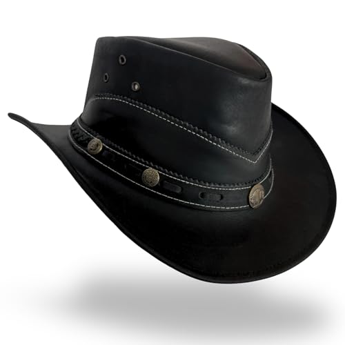 ZEEKSTAR Premium Handcrafted Leather Cowboy Hat with Adjustable String - Classic Western Style (US, Alpha, One Size, Medium, Midnight Black)