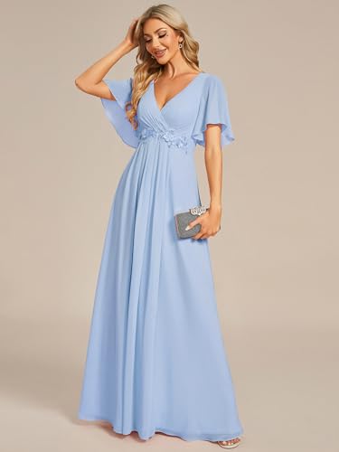 Image of Ever-Pretty Womens V Neck Applique Mother of the Bride Dresses Formal Dress | Chiffon, Short Sleeves, Ruched, A-Line, Bridesmaid Dresses, Formal Gown, Black Tie Dress