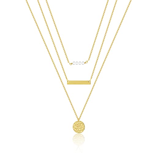 VIROMY Dainty Gold Layering Necklace Set for Women 14K Gold Plated Simple Three Layered Pearl Choker Sideways Bar Link Chain Hammered Disc Pendant Necklaces for Women Everyday Jewelry Gift