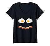 Damen Eier und Speck smiley TStück, lustiges Gesichts Frühstücks T-Shirt mit V-Ausschnitt