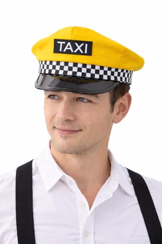 Yellow Taxi Driver Hat | Cabs Drivers Hat | Chauffeur Drivers Caps | Cabbie Hats | Retro NYC Driving Caps | Taxi Driver Costume Accessories | Driving Costume Accessory | 5 x 10 | Adjustable | Unisex