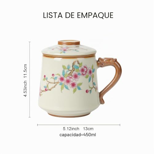 Miniatura 6 de Fanquare Taza De Té De Cerámica Con Infusor Y Tapa, Tazas De Té Chinas Flor Beige, Taza De Té Grande Para Viajar Casa 450ml