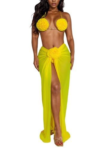 LROSEY Women’s Sexy 3 Piece Swimsuits Beach Cover Up 3D Flower Trim Bikini Top and Thong Sets with Sheer Sarong Maxi Skirts