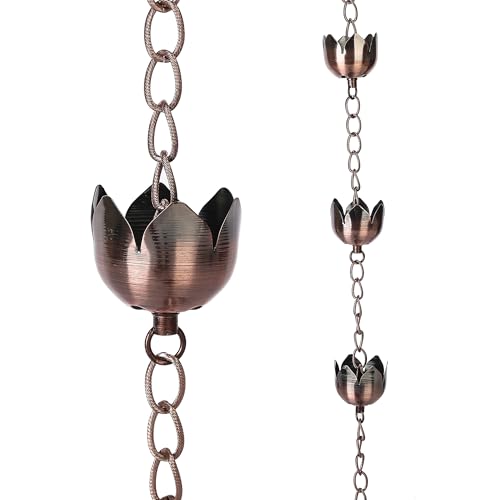 Topadorn Lotus Rain Chain, 72" Antique Copper Finish Metal Gutter
