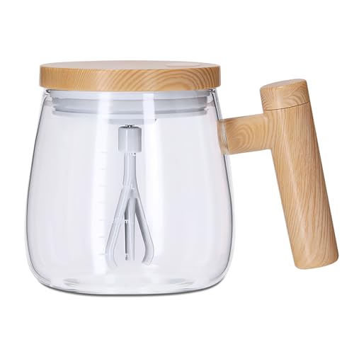 TIENDA EURASIA – Taza con Mezclador | Cristal Borosilicato y ABS Imitación de Madera | Transparente y Marrón | 9.7 Diámetro x 10.2 cm | Capacidad 400 ml | Incluye Tapa con Agitador Eléctrico