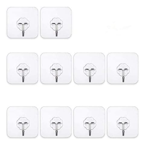 10pcs Clear Hanging Wall Hooks 15kg (max) Heavy Duty Reusable Adhesive Hooks Nail Free No Scratch Super Waterproof Seamless Sticky Hooks for Bathroom Kitchen Wall Door and Ceiling Cover