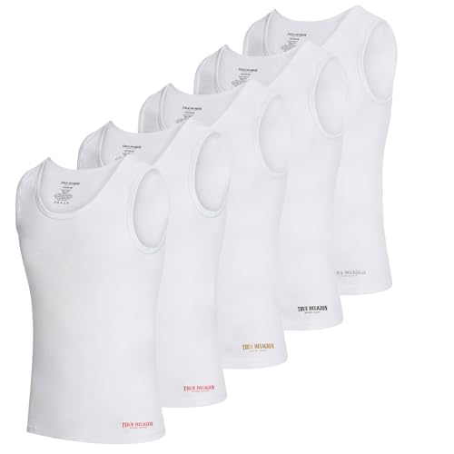 True Religion Lightweight Tank Tops for Men, 5 Pack Classic Ribbed Cotton Mens Undershirts White