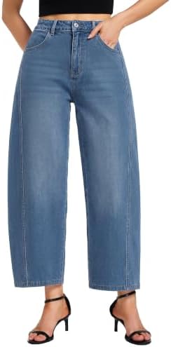 Novastellara Barrel Jeans Damen High Waist Stretch Denim Ballon Hose Damen | Wide Leg Ballon Baggy Boyfriend Jeans Damen，7/8 Länge Barrel Hose Damen，Y2K Komfortable Weite Bein Jean