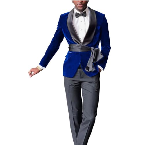New Men Velvet Shawl Lapel Slim Fit Suit Grooms Wedding Tuxedo Blazer Satin Belt Pants4