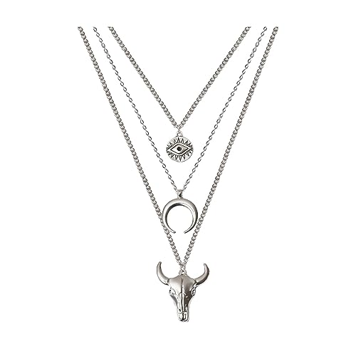Boho Layered Necklace Western Necklaces for Women Silver Cowgirl Cowboy Necklace Evil Eye Moon Bull Head Chain Necklace Western Jewelry for Women Cowgirl Accessories