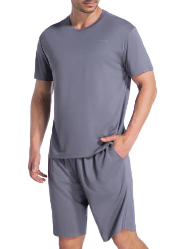 Image of SlumberMee Mens Cooling Pajamas Set Soft Bamboo-like Viscose Short Sleeve Sleepwear 2 Piece Lounge Set for Hot Sleepers