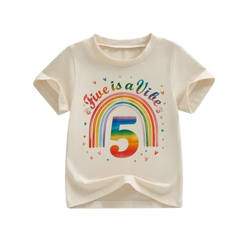 5th Birthday Shirt Outfit for Girls Letter Rainbow Print 5 Year Old Fifth Birthday Girl T-Shirt Tops (Beige 5-6 Years)