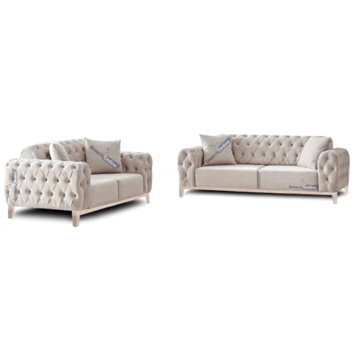 Snooze Velvet Chesterfield Sofas for Living Room - Cream | 3 Seater Sofas | Button Tufted Sofas and Couches | Sofa Set with Matching Legs & Cushions (Cream, 3+2 Seater)