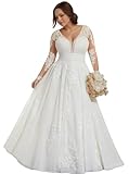 Women's Plus Size Wedding Dress Elegant Lace Applique A Line Beach Boho Bride Gown with Train V Neck Long Sleeve Plus Bridal Dresses K-Ivory