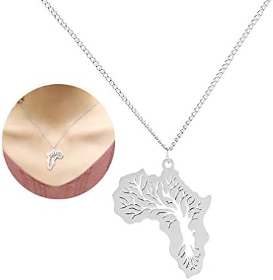 JUESJ Fashion Africa Map Life Tree Pendant Necklace For Women Men Accessories Personalized Necklace For Men Jewelry Map Jewelry (Silver)