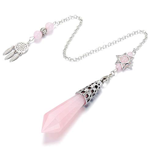 Top Plaza 12 Facted Rose Quartz Healing Crystal Dowsing Pendulum Necklaces for Divination Reiki Wicca Witchcraft Supplies Balancing Pointed Pendant Pendulum with Dream Catcher Hexagram Charm