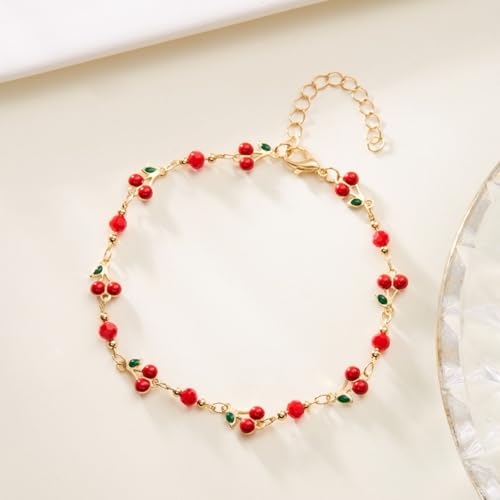 Image of Cherry Bracelet for Women Gold Evil Eye Link Bracelet Dainty Flower Daisy Bracelets Pearl Butterfly Heart Charm Bracelets Adjustable Summer Beach Jewelry