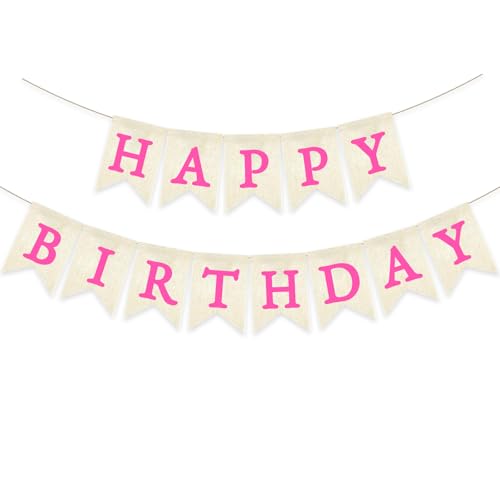 HotPink Happy Birthday Banner Pre-strung Burlap Bunting Party Backdrop Sign Decoration