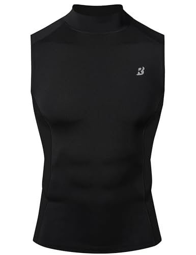 Roadbox Mens Compression Tank Top, Mock Turtleneck Sleeveless Shirt, Fitted Athletic Base Layer for Gym Workout Black