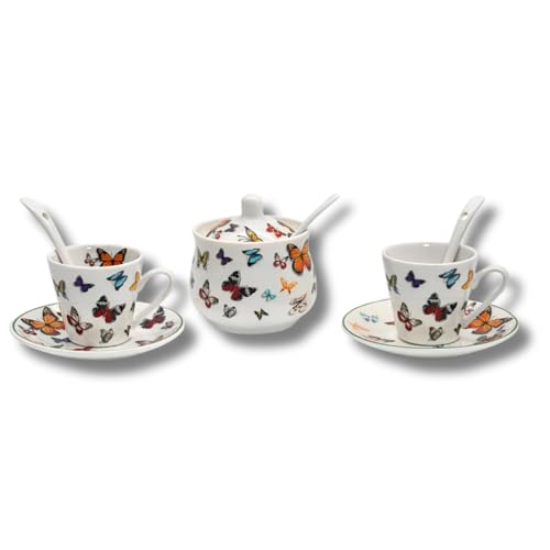 LEONARDO LUXURY HOME DESIGN Set Caffè 2 Persone Tazzine Porcellana Espresso Piattini e Zuccheriera Cucchiaino Decoro Farfalle Multicolore Idea Regalo (2TazzeFarfalle+Zuccheriera)