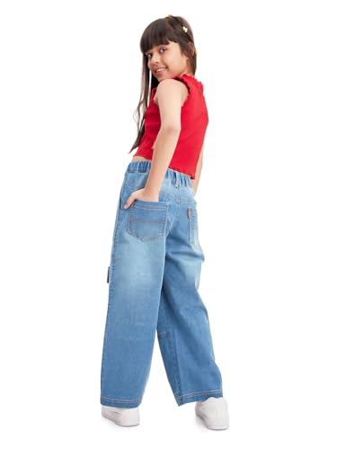 Image of olele Girls Super Jeans Collection for 4-14 Yrs | Stretchable Cotton Denim Trousers | Blue Jeans for Kids | Baggy Denim Pants | Cargo Pants for Girls