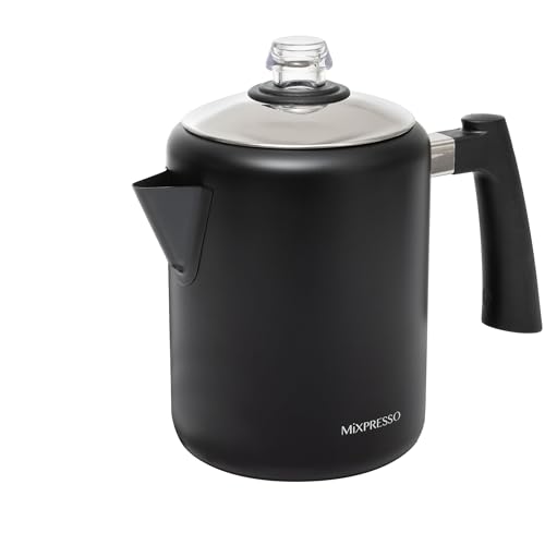 Mixpresso Black Stainless Steel Coffee Percolator Stovetop, 37oz Classic Percolator Coffee Pot, Great For Camping Pot, 5-8 Cup Stove Top Espresso Maker, Cool-Touch Handle