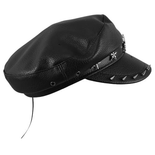 Chapeau femme rétro noir style militaire casquette plate marine vintage à large bord rivets
