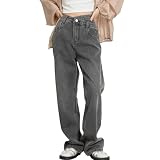 [Teddy] デニム レディース ワイドパンツ ストレート 中厚手 ロング丈 ゆったり 春 秋 冬 pants450 (グレー, S(26サイズ))