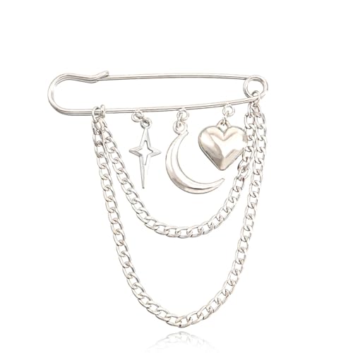 Image of Punk Gold Silver Star Moon Tassel Chain Brooch Sweater Shawl Clips Collar Pin for Women Safety Chain Tassel Broochs